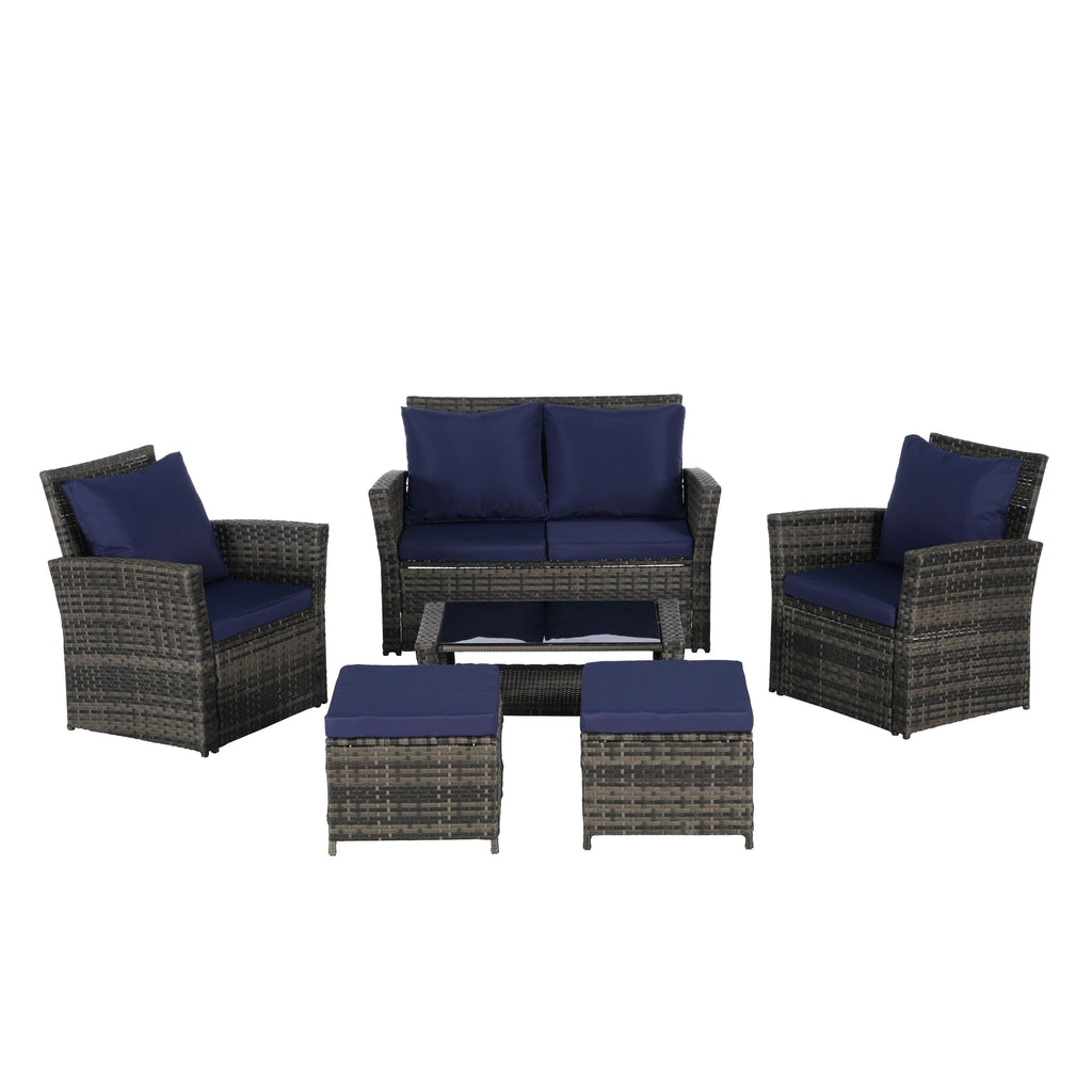 Ensemble de 6 meubles de jardin, canapé sectionnel en osier toutes saisons avec table basse en verre et 2 poufs