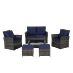Ensemble de 6 meubles de jardin, canapé sectionnel en osier toutes saisons avec table basse en verre et 2 poufs