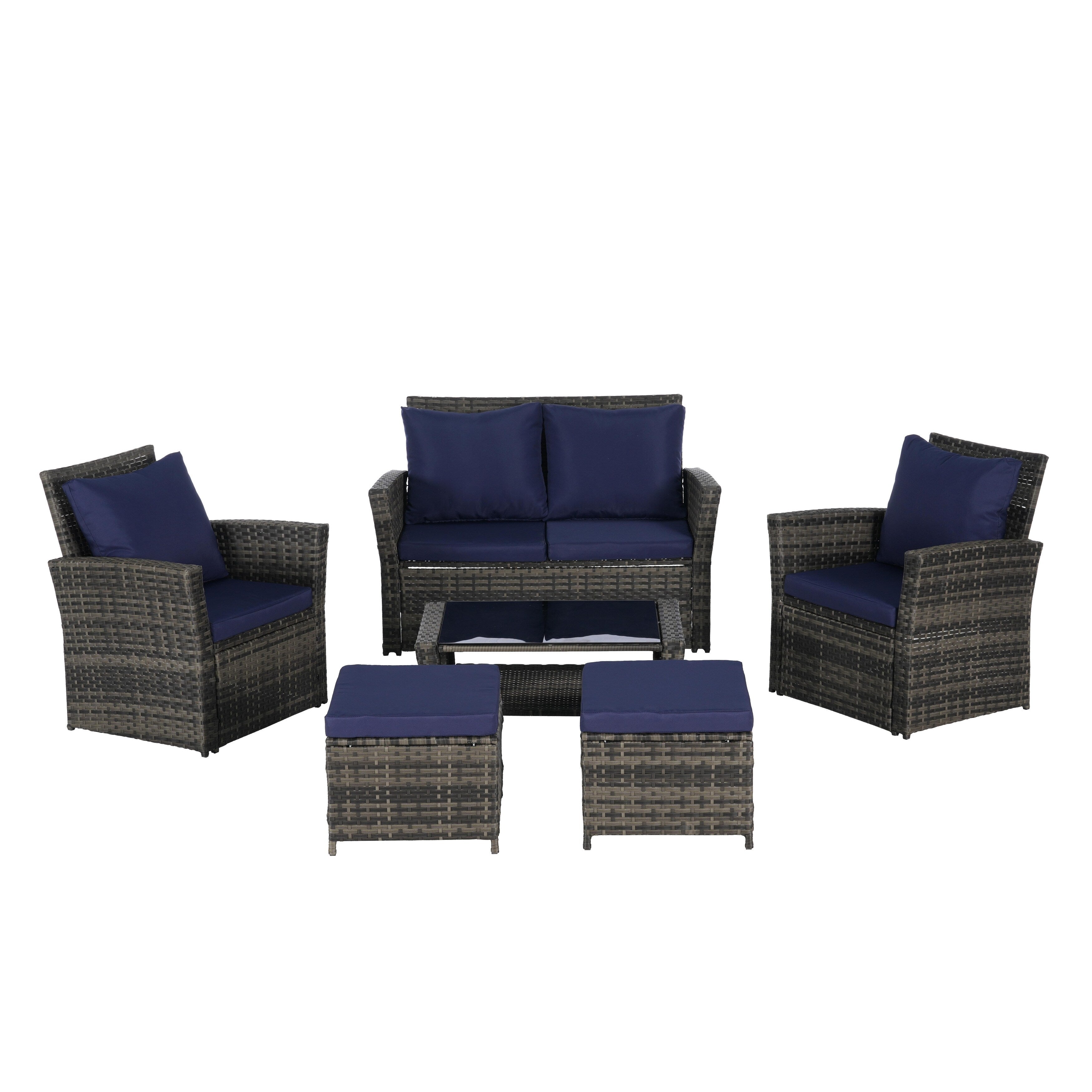 Ensemble de 6 meubles de jardin, canapé sectionnel en osier toutes saisons avec table basse en verre et 2 poufs