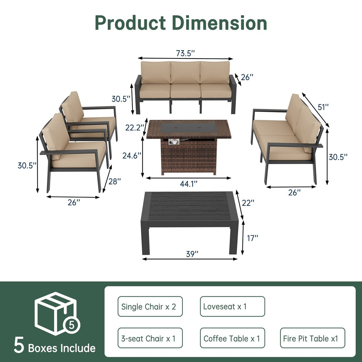Ensemble de meubles de jardin 6 pièces en aluminium avec housse imperméable
