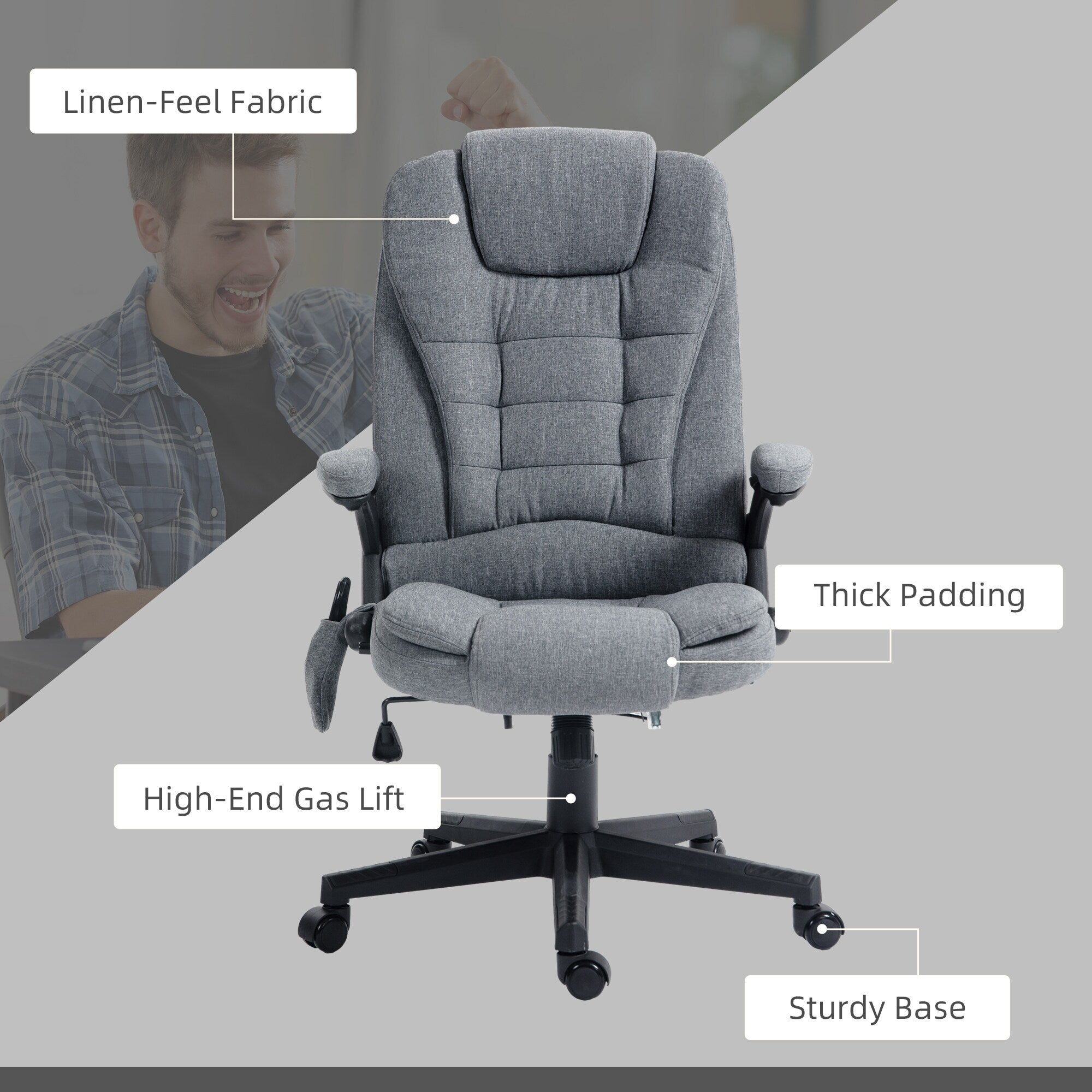 Fauteuil de bureau inclinable à 6 points de massage, fauteuil de direction ergonomique à dossier haut avec chauffage lombaire