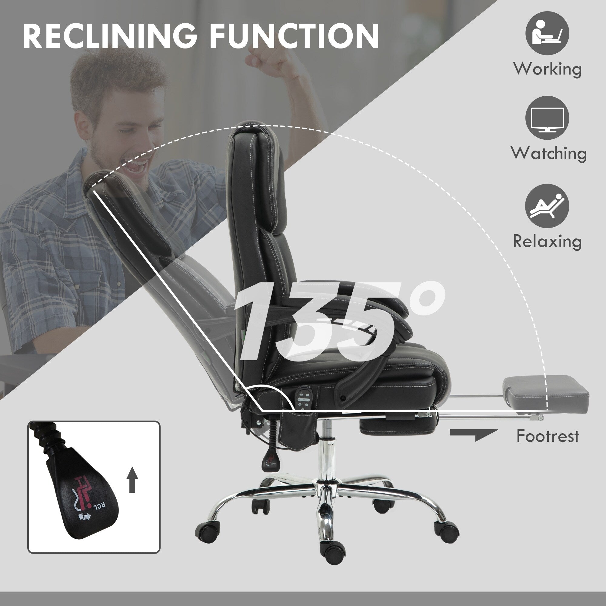 Fauteuil de bureau inclinable avec massage par vibrations à 6 points, revêtement en cuir synthétique, avec chauffage lombaire et repose-pieds