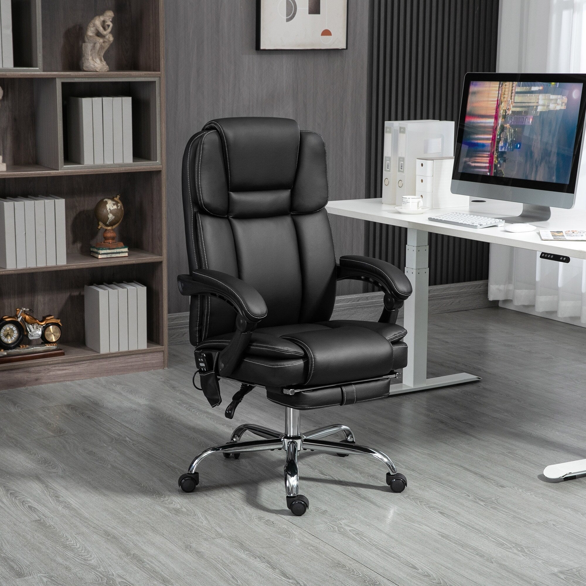 Fauteuil de bureau inclinable avec massage par vibrations à 6 points, revêtement en cuir synthétique, avec chauffage lombaire et repose-pieds