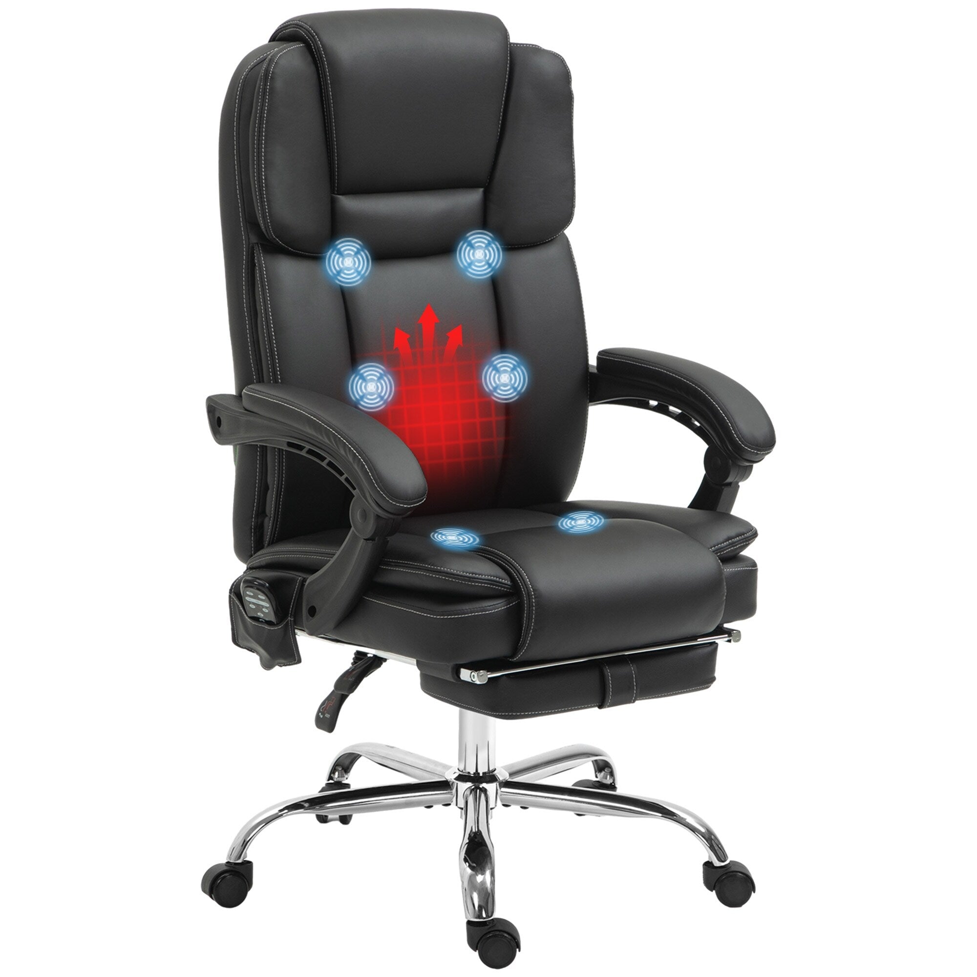 Fauteuil de bureau inclinable avec massage par vibrations à 6 points, revêtement en cuir synthétique, avec chauffage lombaire et repose-pieds