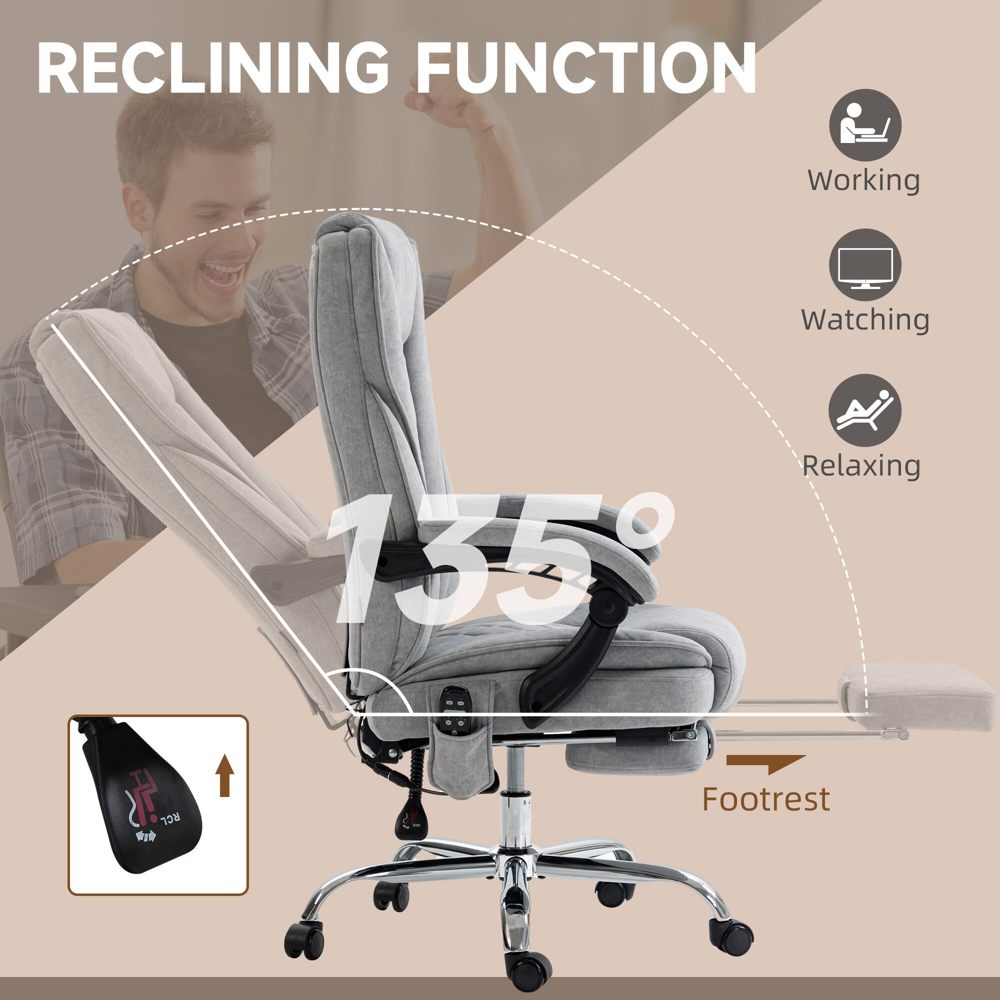Fauteuil de bureau inclinable et ergonomique avec massage par vibrations à 6 points, pivotant et chauffant pour les lombaires, avec repose-pieds et hauteur réglable.