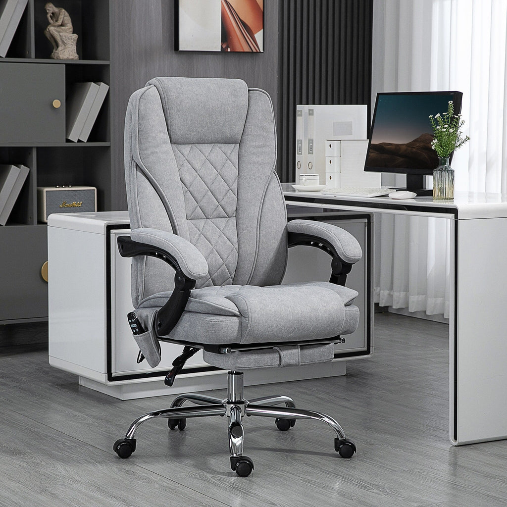 Fauteuil de bureau inclinable et ergonomique avec massage par vibrations à 6 points, pivotant et chauffant pour les lombaires, avec repose-pieds et hauteur réglable.