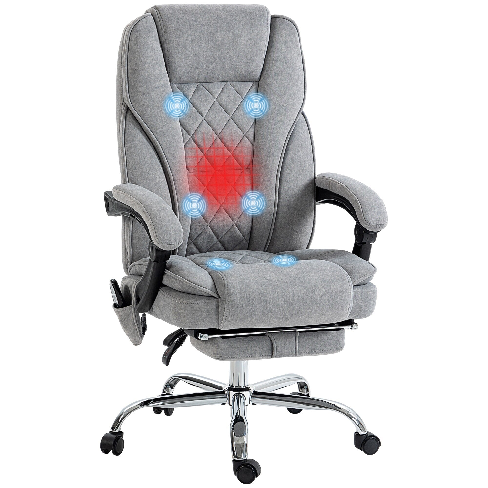 Fauteuil de bureau inclinable et ergonomique avec massage par vibrations à 6 points, pivotant et chauffant pour les lombaires, avec repose-pieds et hauteur réglable.