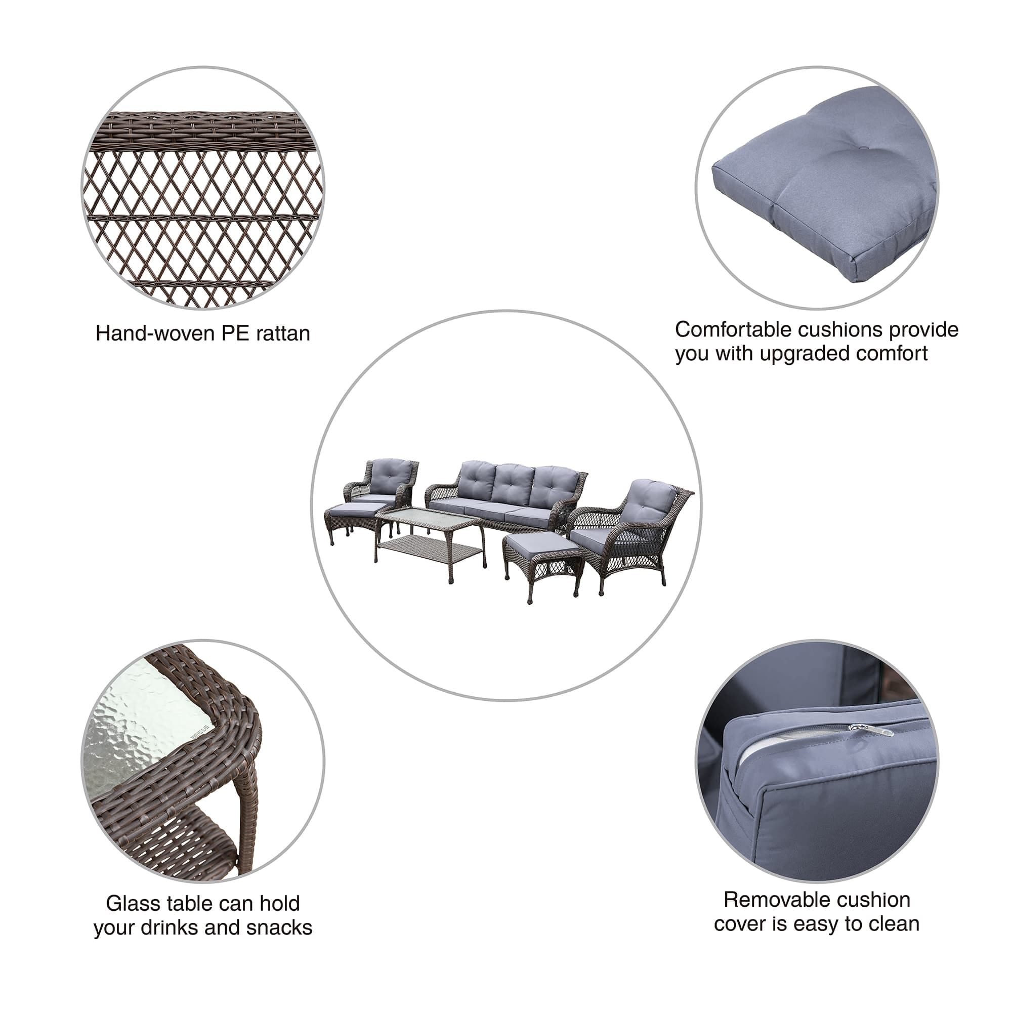 Ensemble de 6 meubles de patio en résine tressée avec dossier haut