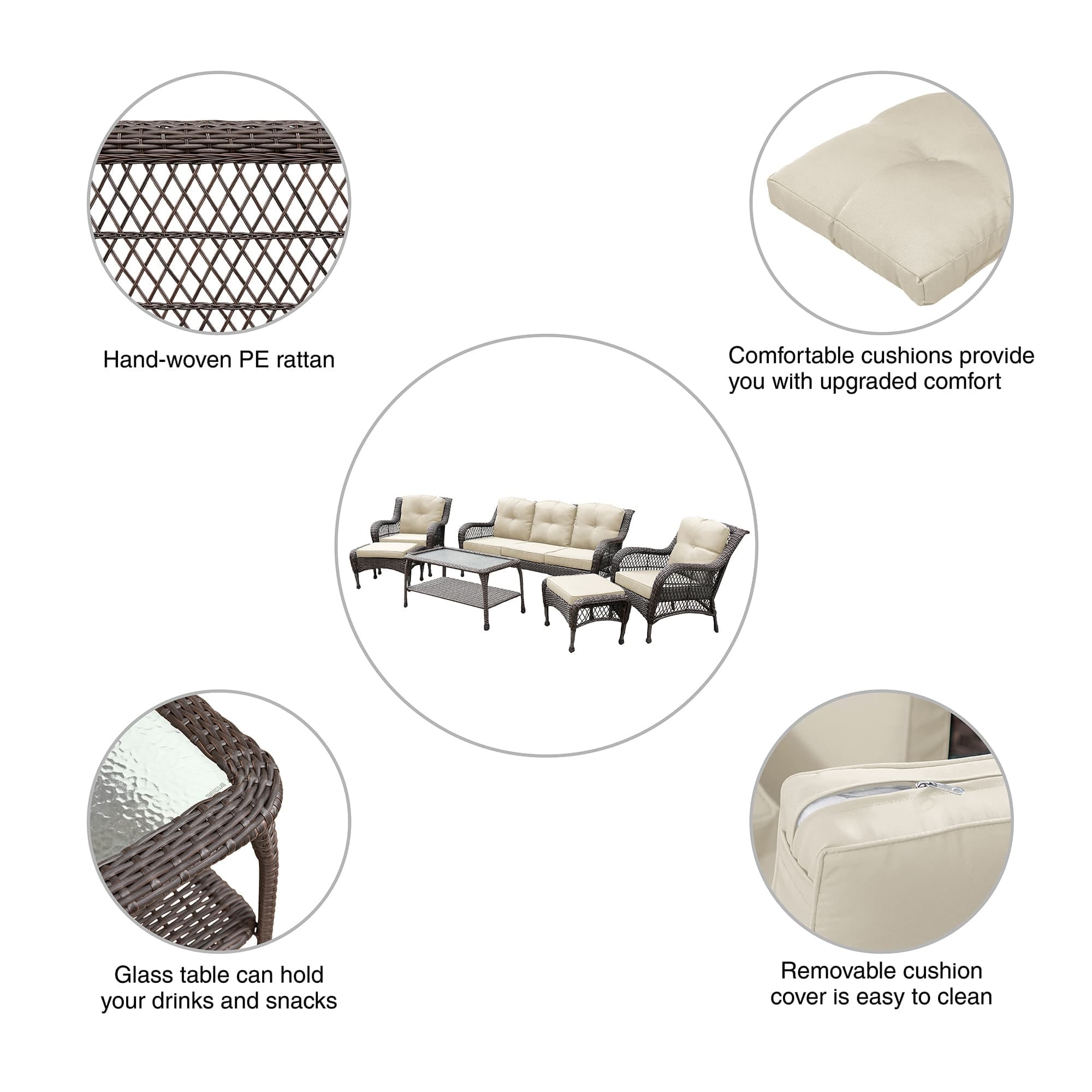 Ensemble de 6 meubles de patio en résine tressée avec dossier haut