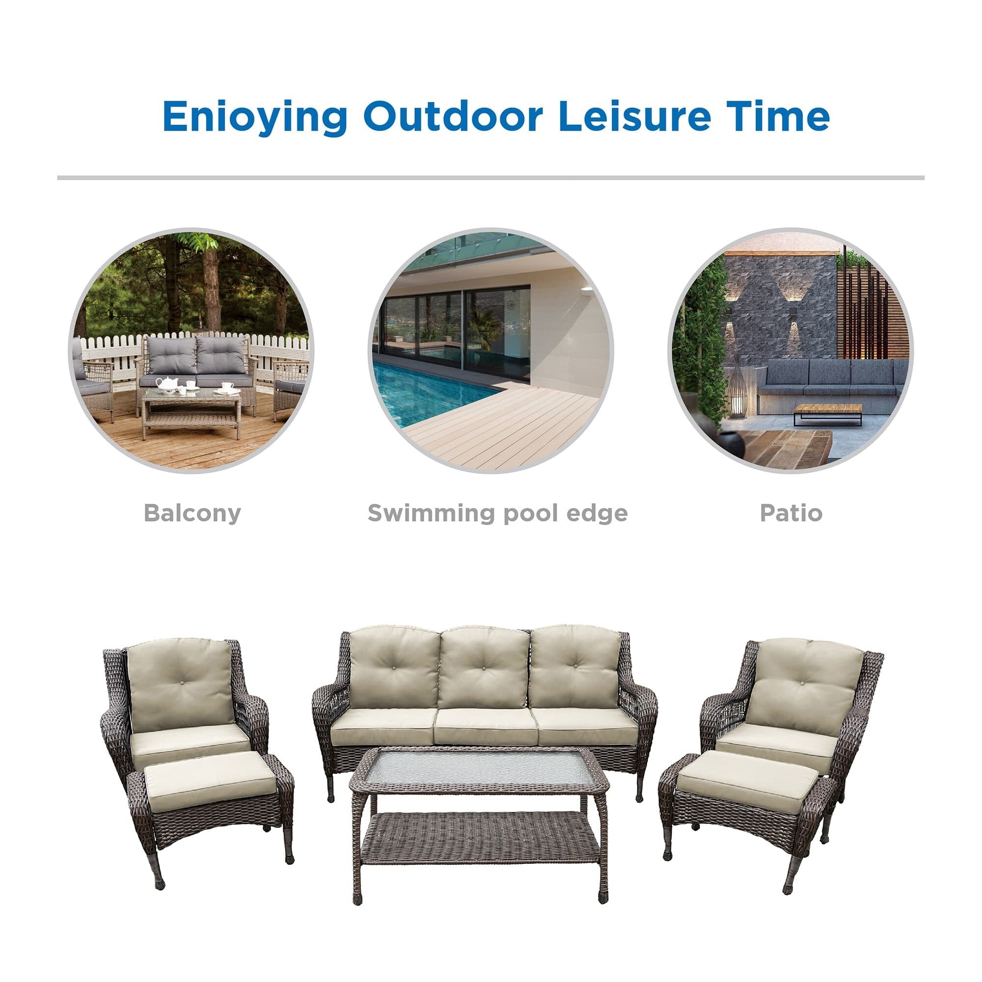 Ensemble de 6 meubles de patio en résine tressée avec dossier haut