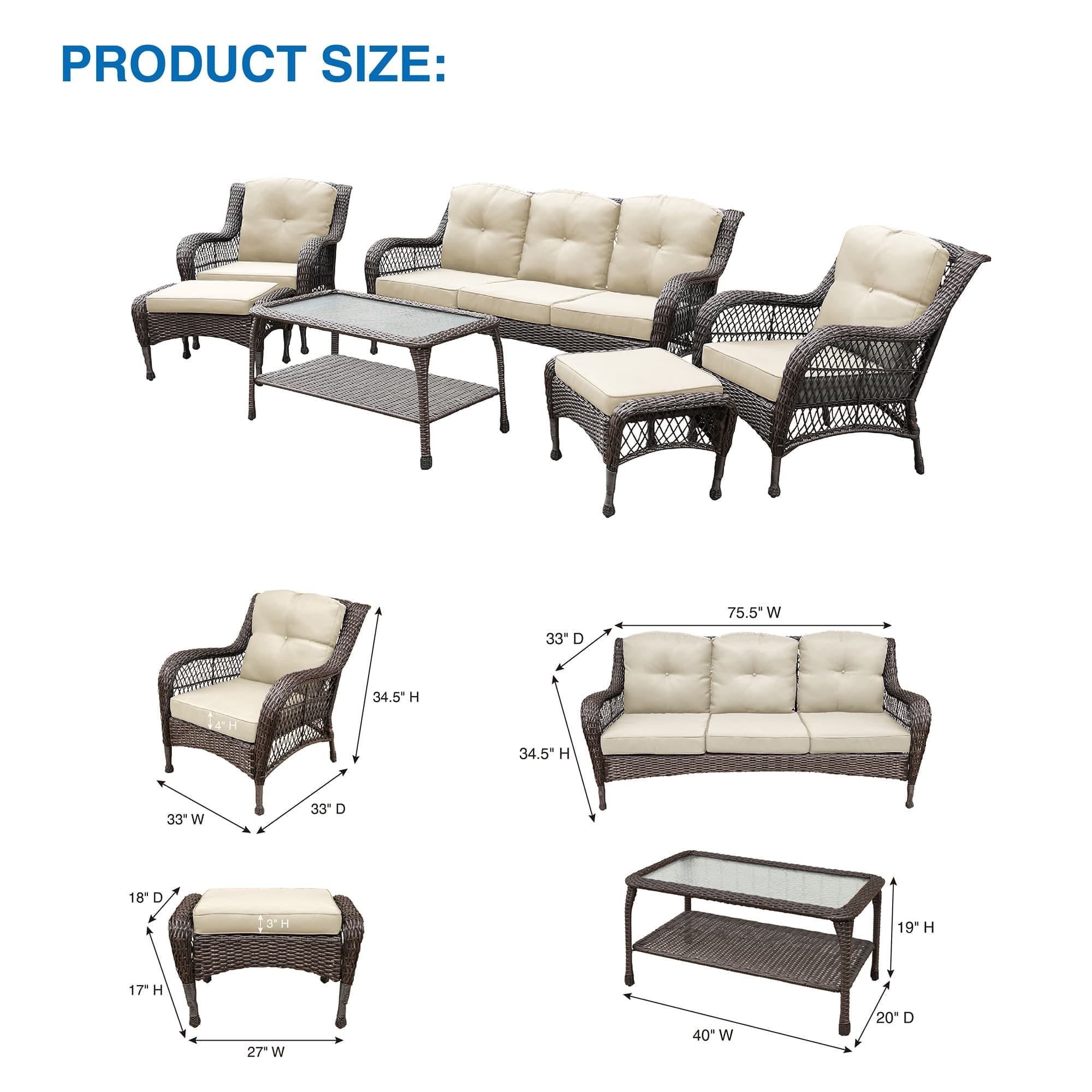 Ensemble de 6 meubles de patio en résine tressée avec dossier haut