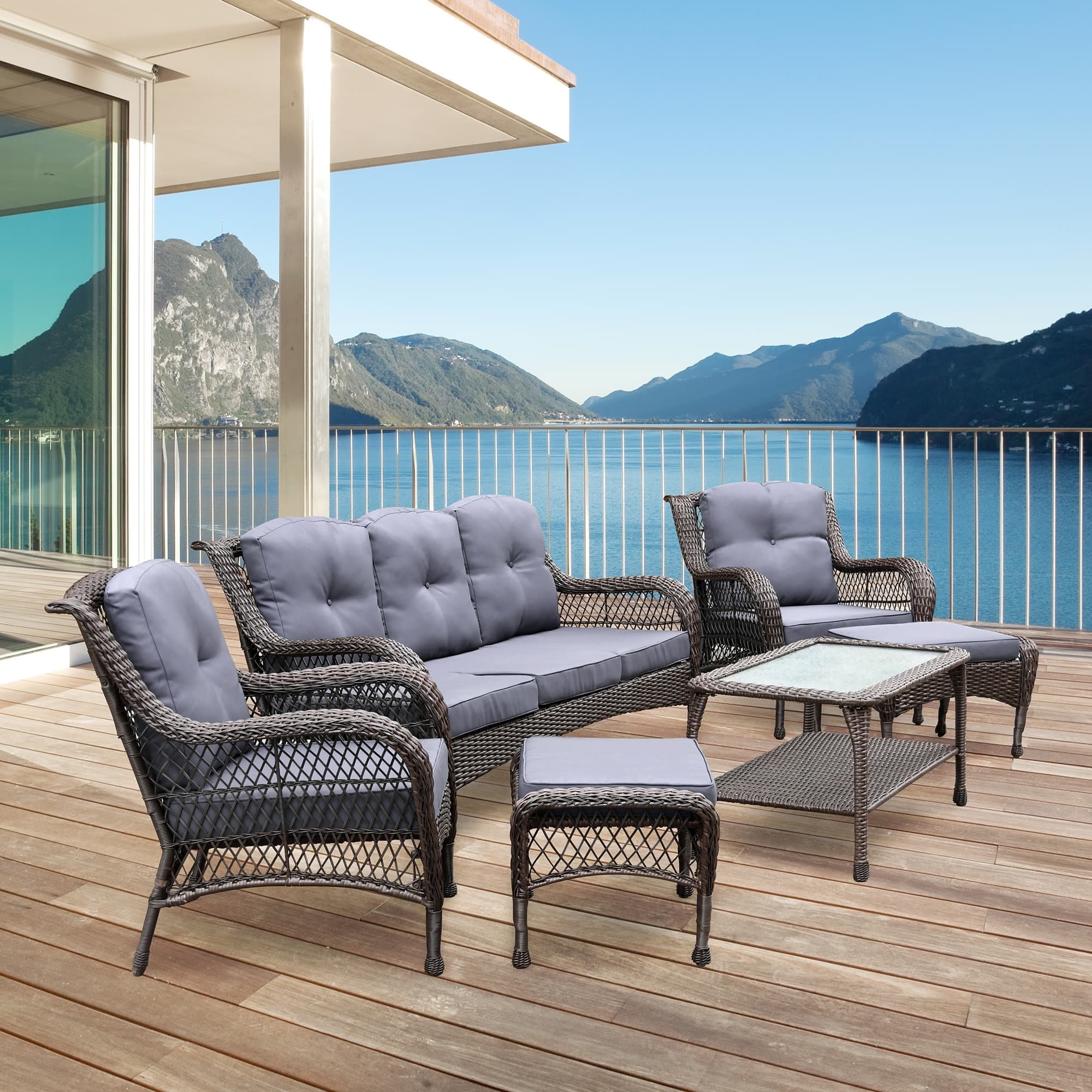 Ensemble de 6 meubles de patio en résine tressée avec dossier haut