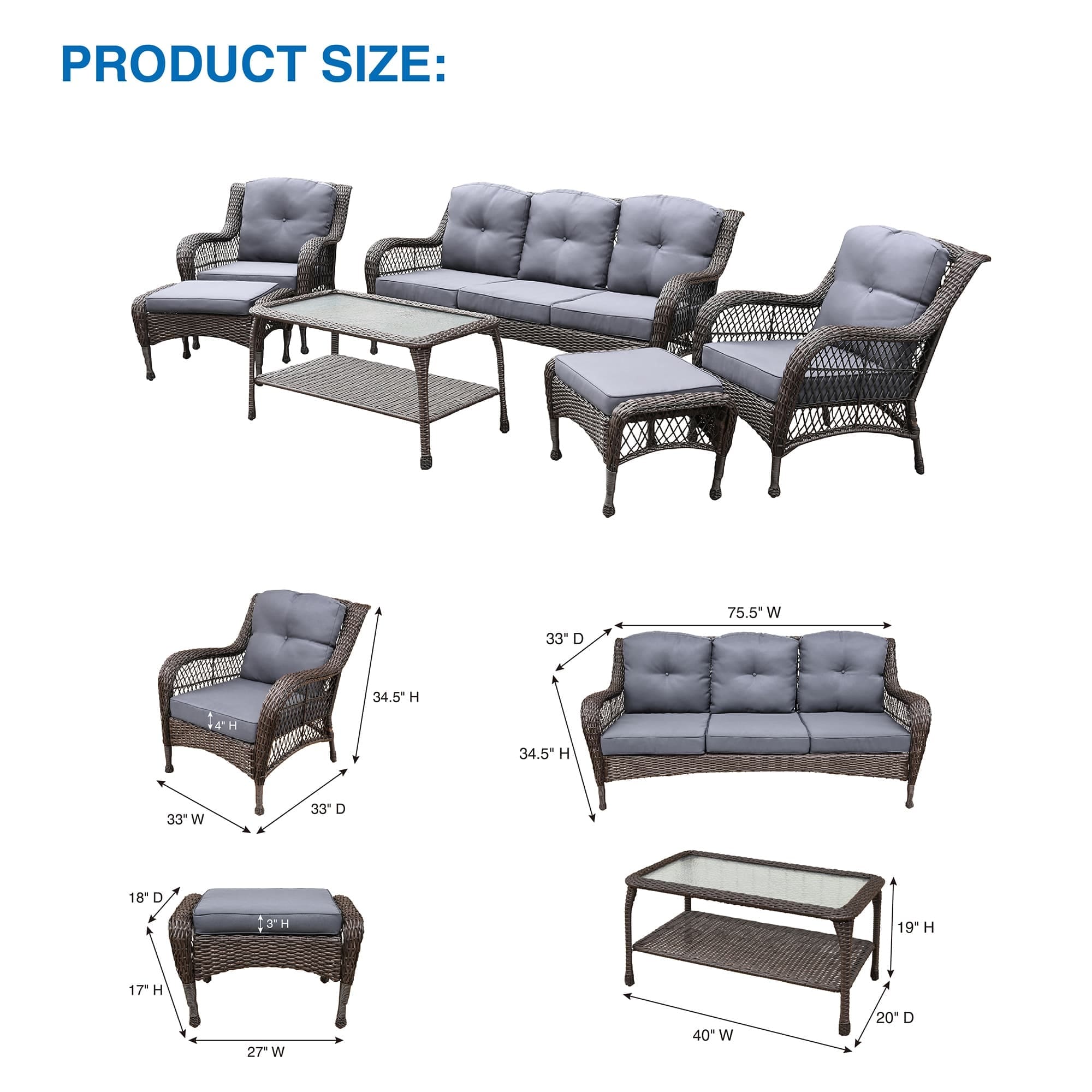 Ensemble de 6 meubles de patio en résine tressée avec dossier haut