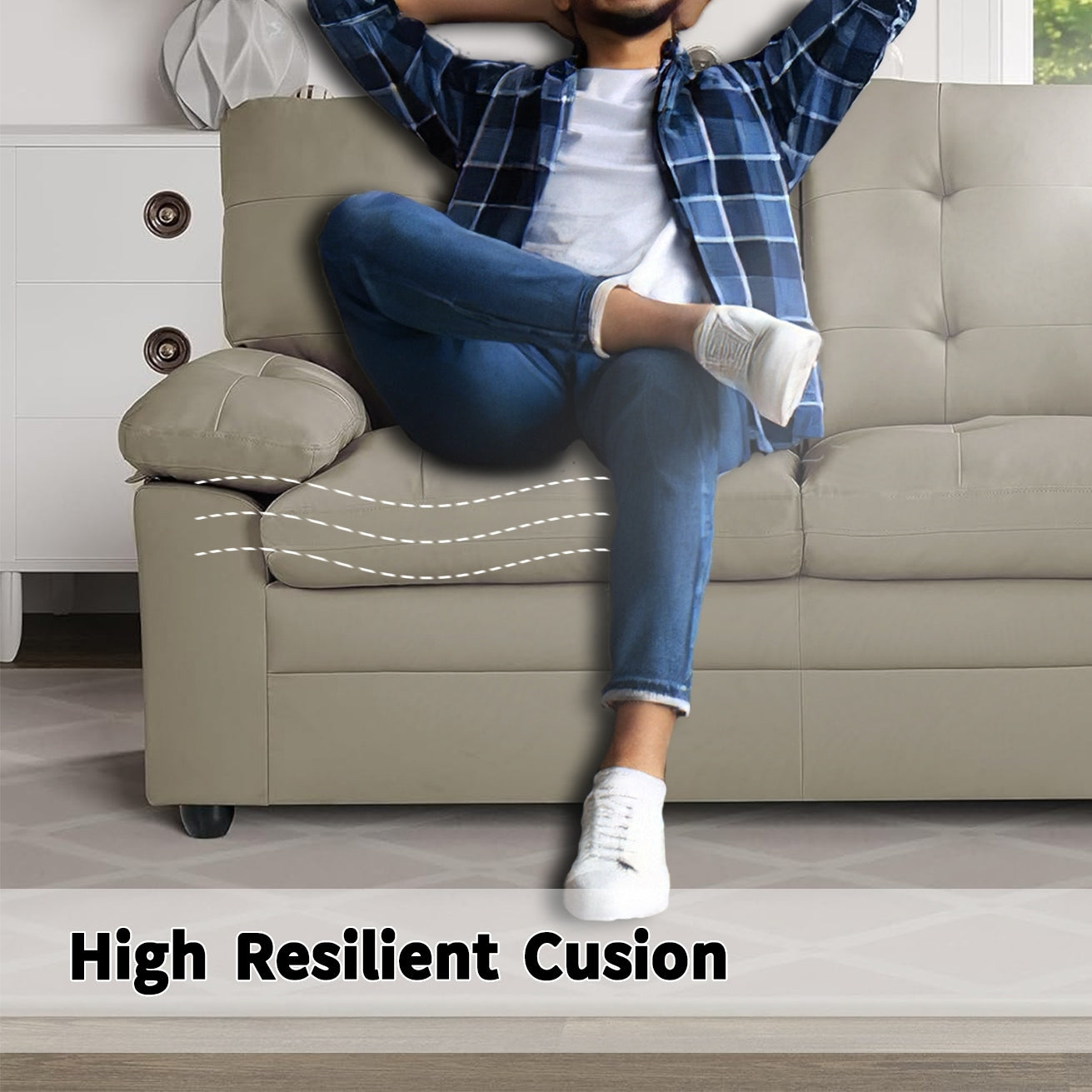 Canapé d'appartement capitonné en similicuir de 60 pouces avec cadre en bois dur séché au four pour le salon