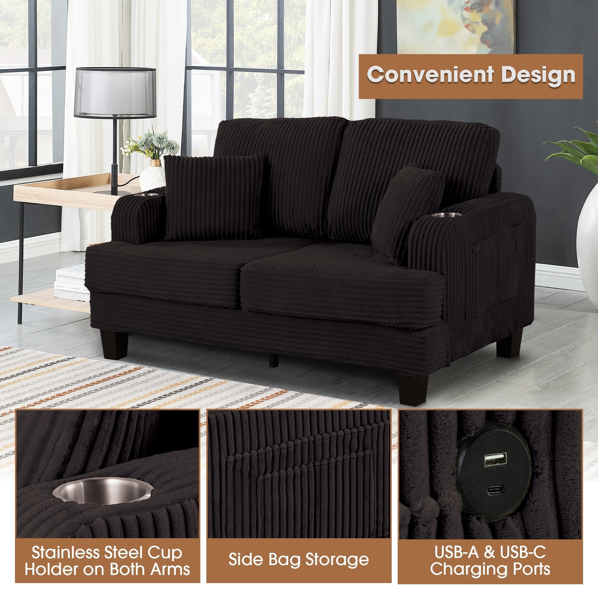 Canapé causeuse contemporain en velours côtelé de 61 po avec 2 coussins et porte-gobelet