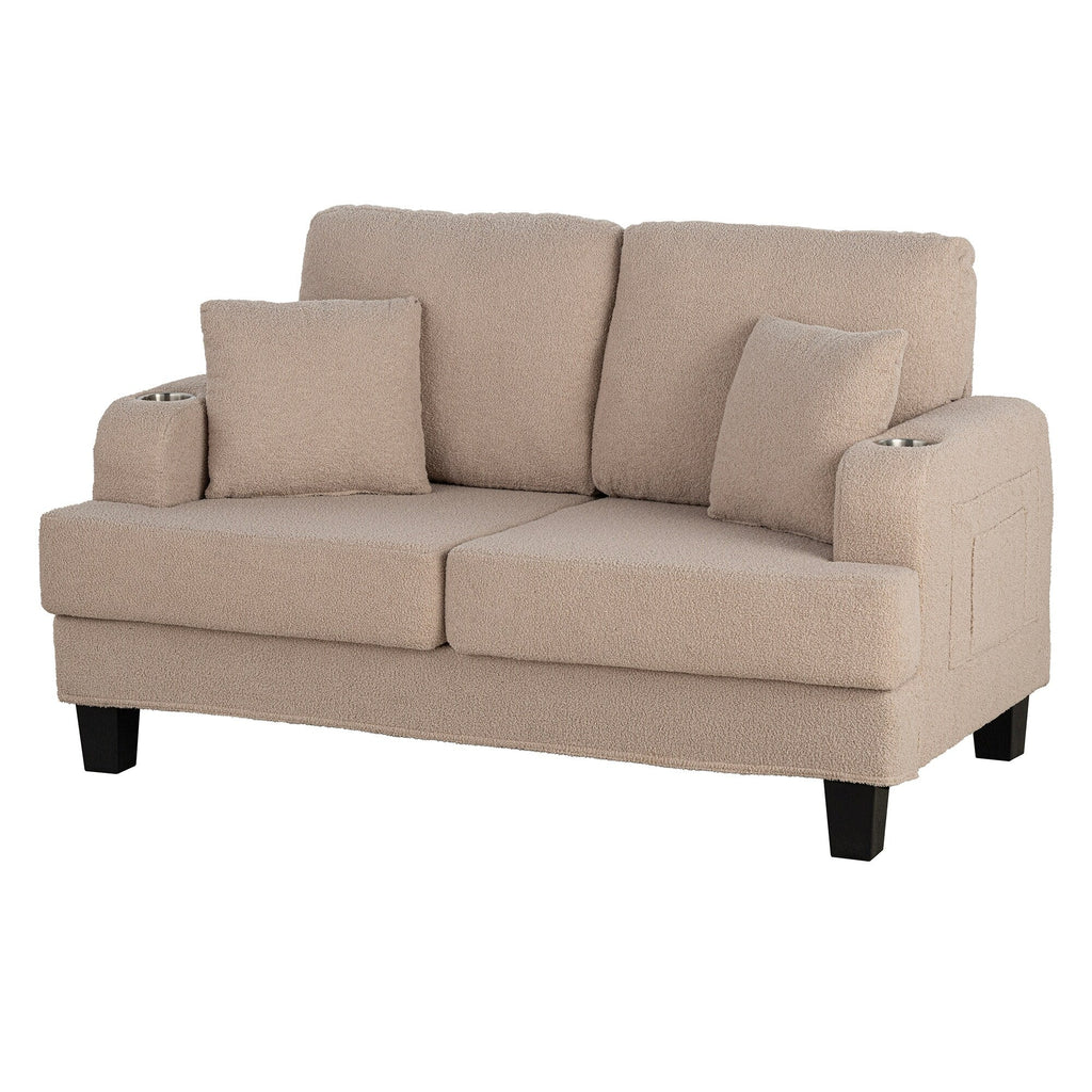 Petit canapé causeuse beige de 61 pouces avec 2 coussins et porte-gobelet