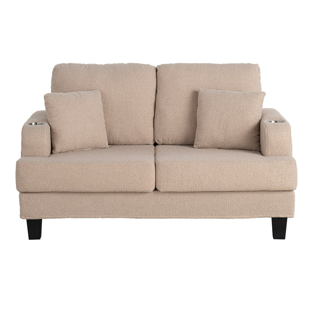 Petit canapé causeuse beige de 61 pouces avec 2 coussins et porte-gobelet