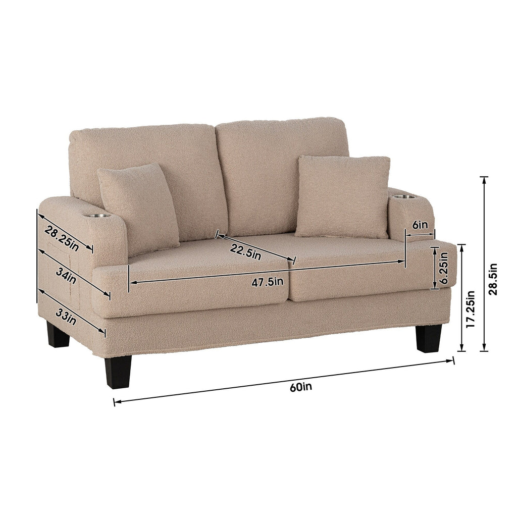 Petit canapé causeuse beige de 61 pouces avec 2 coussins et porte-gobelet