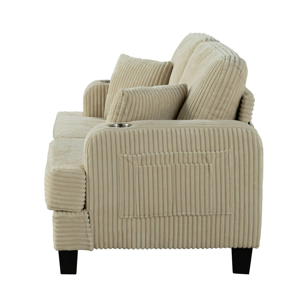 Canapé causeuse contemporain en velours côtelé de 61 po avec 2 coussins et porte-gobelet