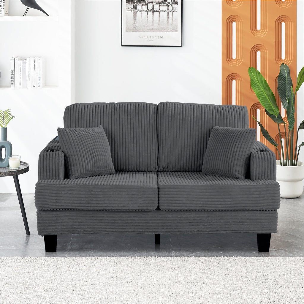 Canapé causeuse contemporain en velours côtelé de 61 po avec 2 coussins et porte-gobelet