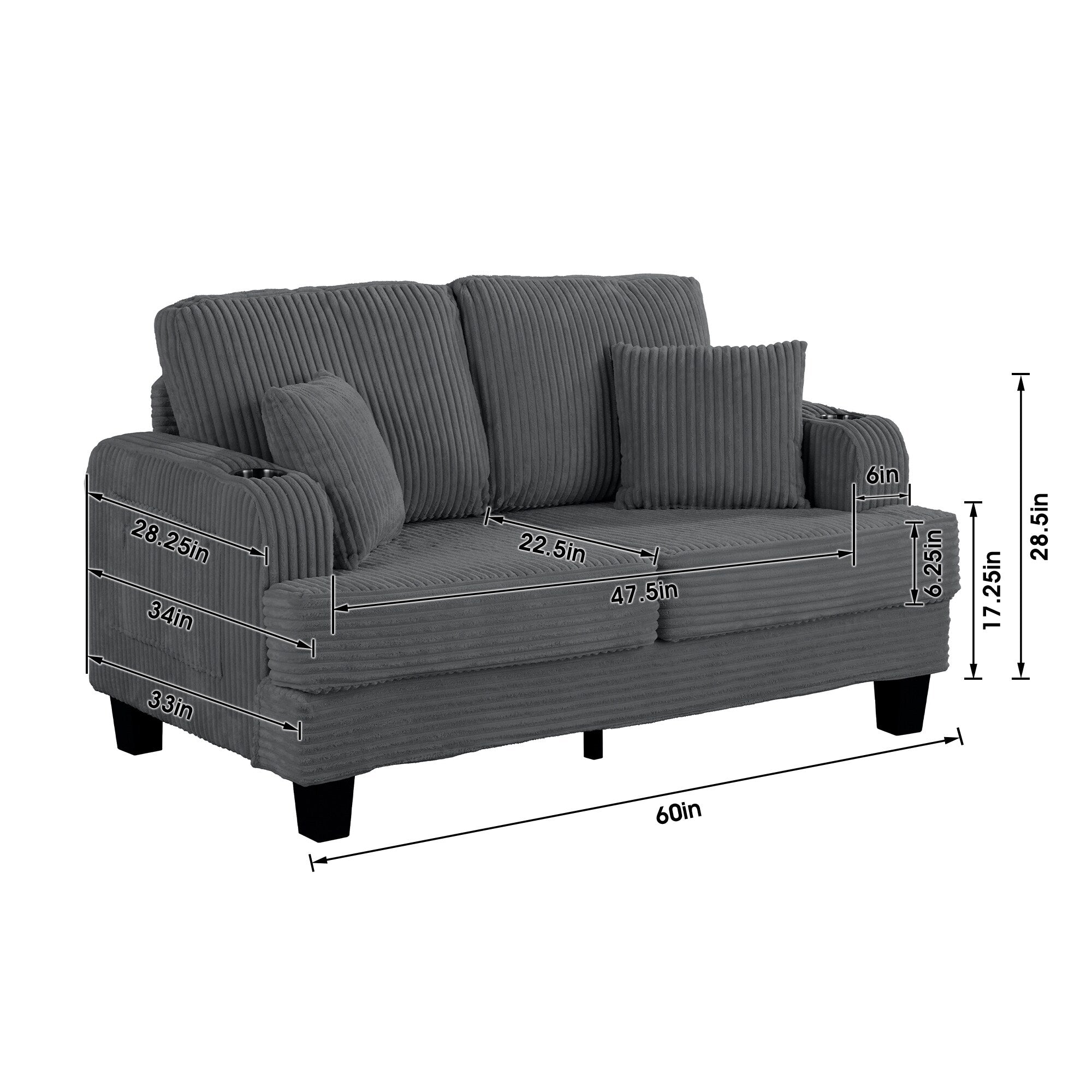 Canapé causeuse contemporain en velours côtelé de 61 po avec 2 coussins et porte-gobelet