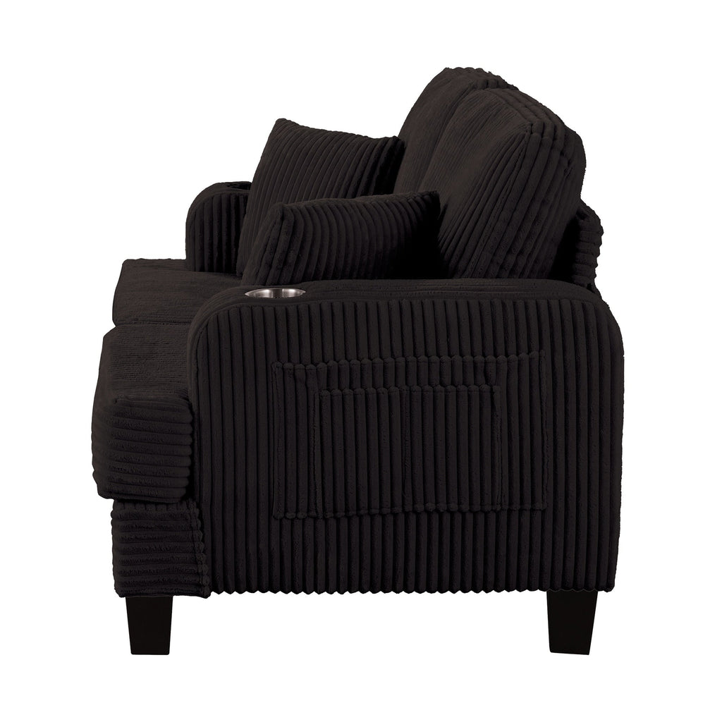 Canapé causeuse contemporain en velours côtelé de 61 po avec 2 coussins et porte-gobelet