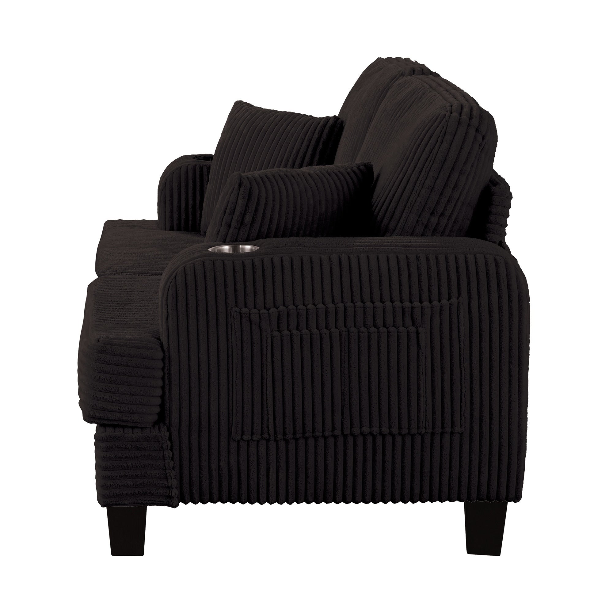 Canapé causeuse contemporain en velours côtelé de 61 po avec 2 coussins et porte-gobelet