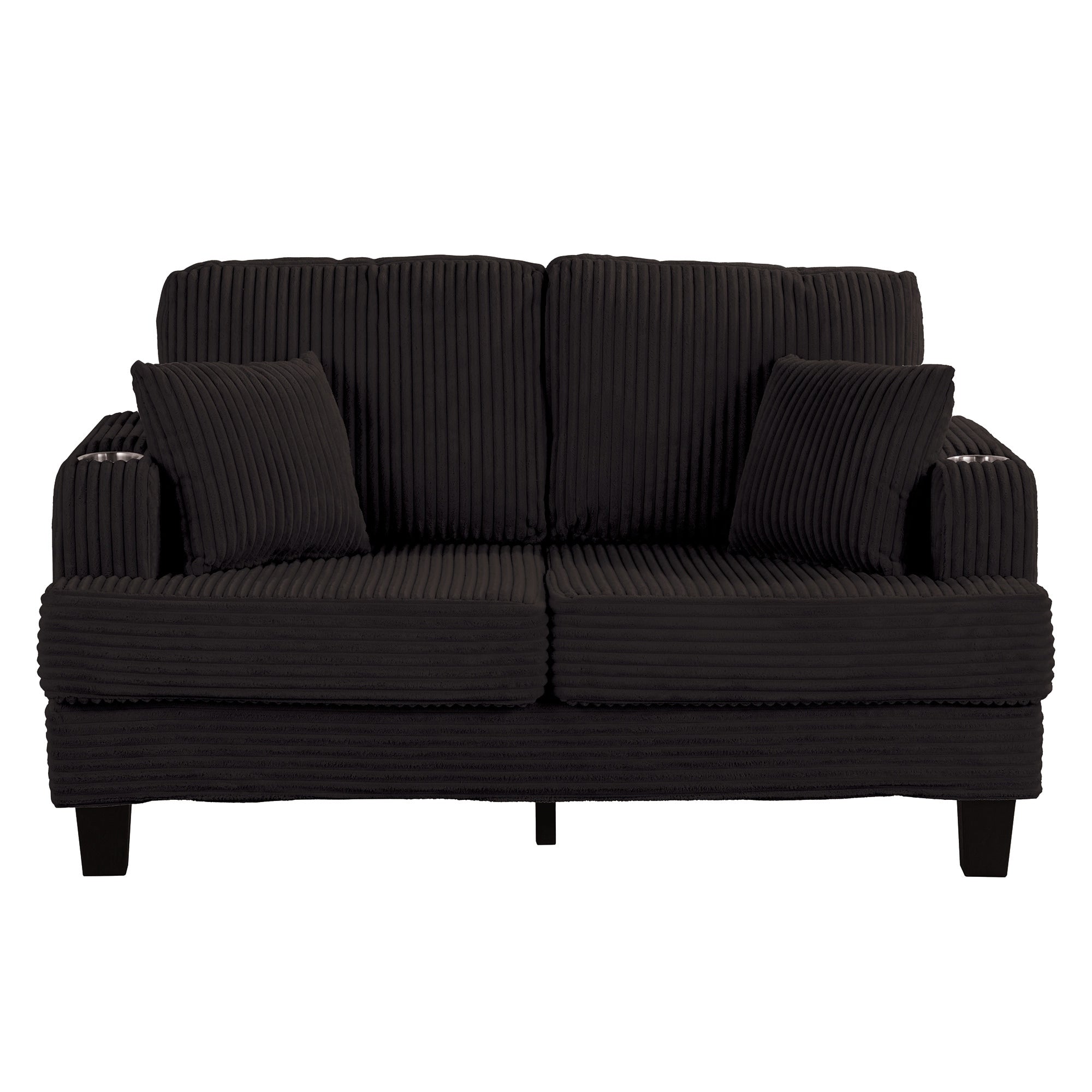 Canapé causeuse contemporain en velours côtelé de 61 po avec 2 coussins et porte-gobelet