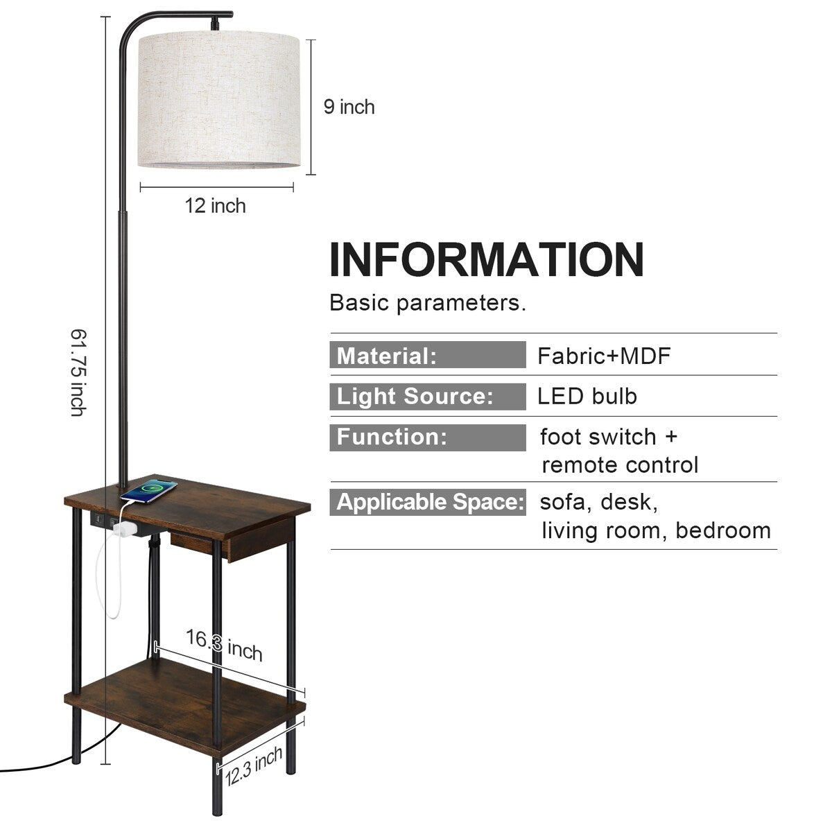 Lampadaire de 62 pouces avec bureau à magazines - Style tiroir