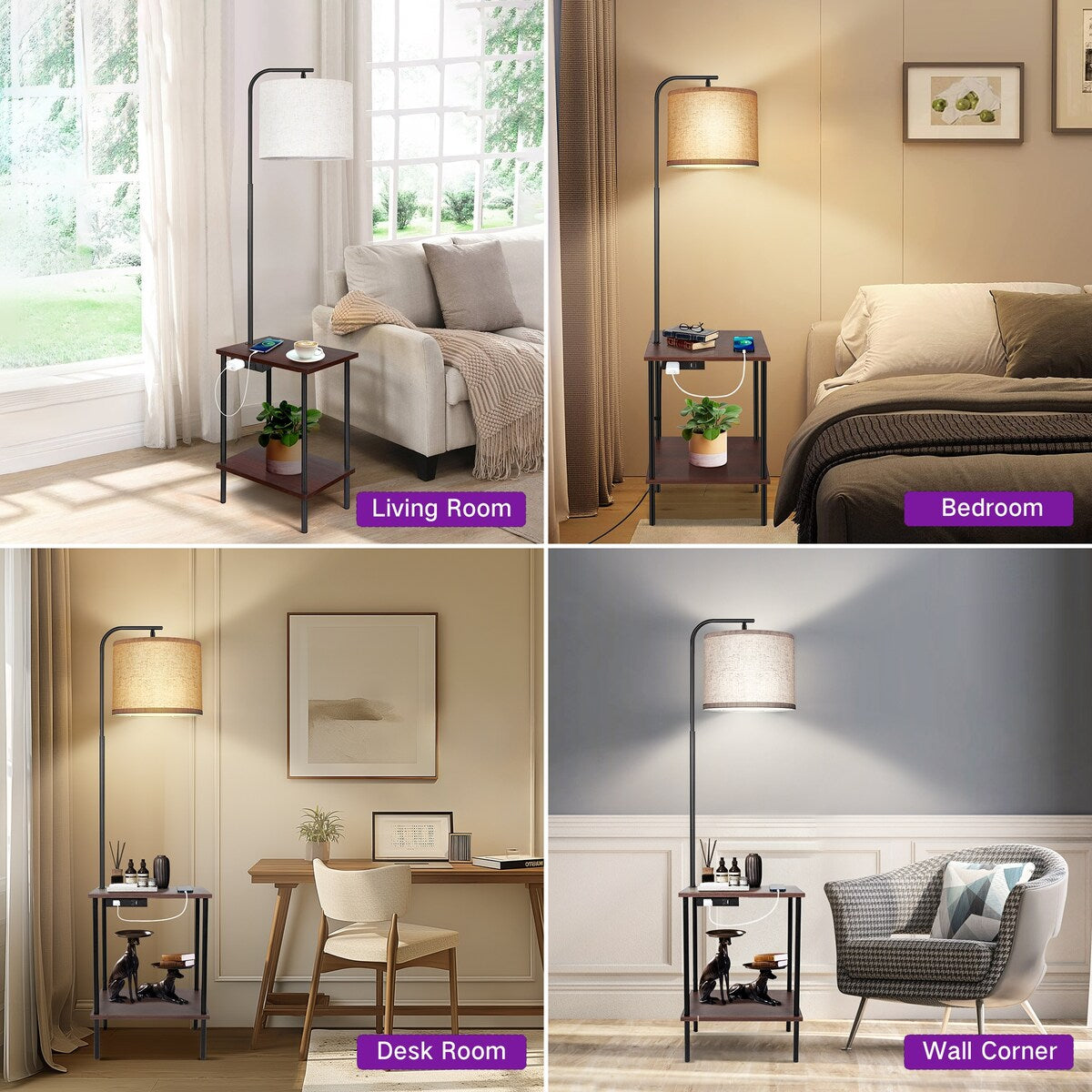 Lampadaire de 62 pouces avec table à magazines carrée - noyer