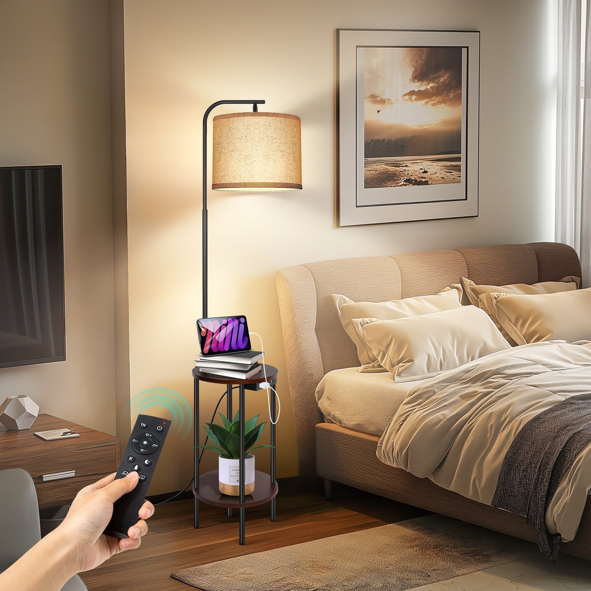 Lampe de table sur pied noire de 62 pouces avec port USB et prise