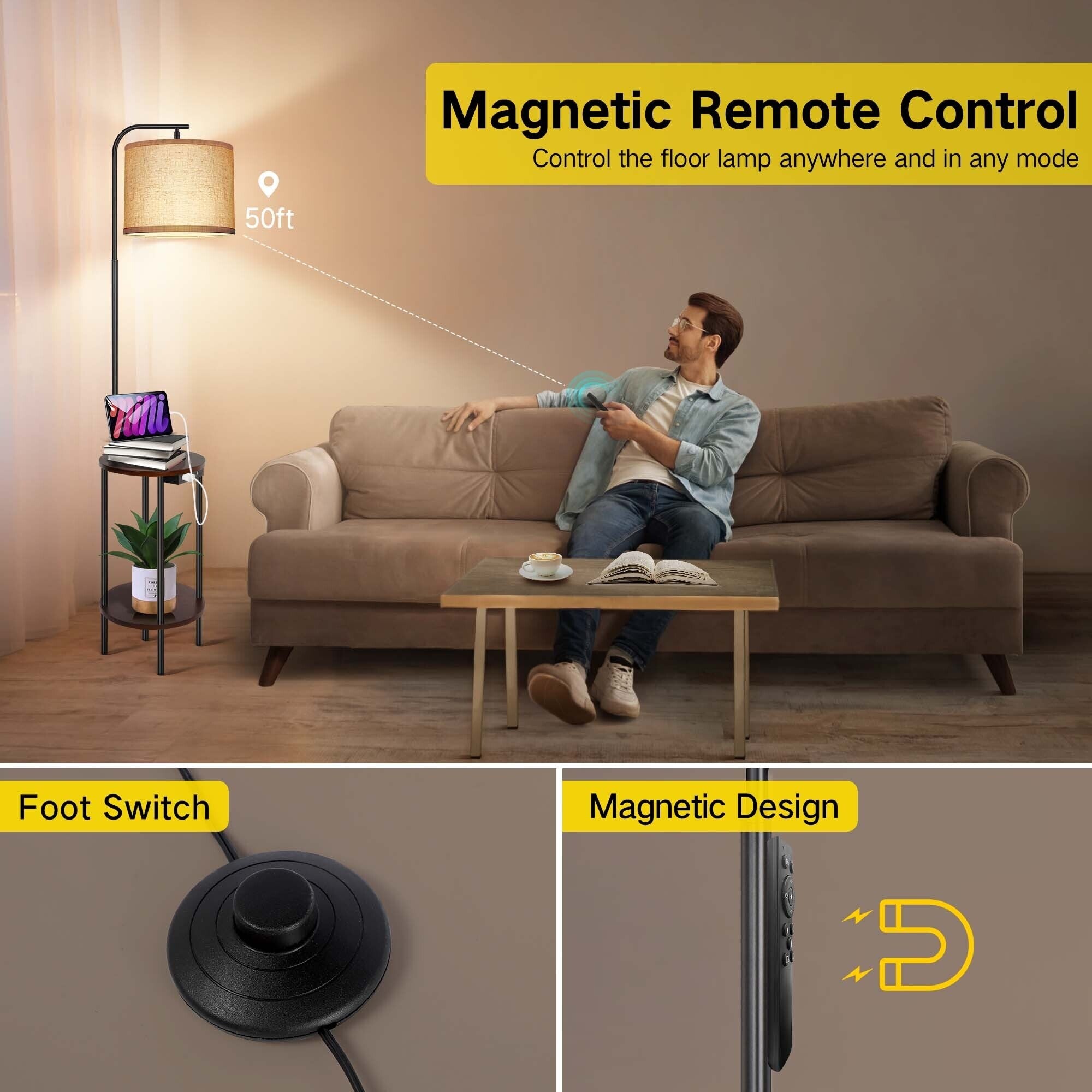 Lampe de table sur pied noire de 62 pouces avec port USB et prise