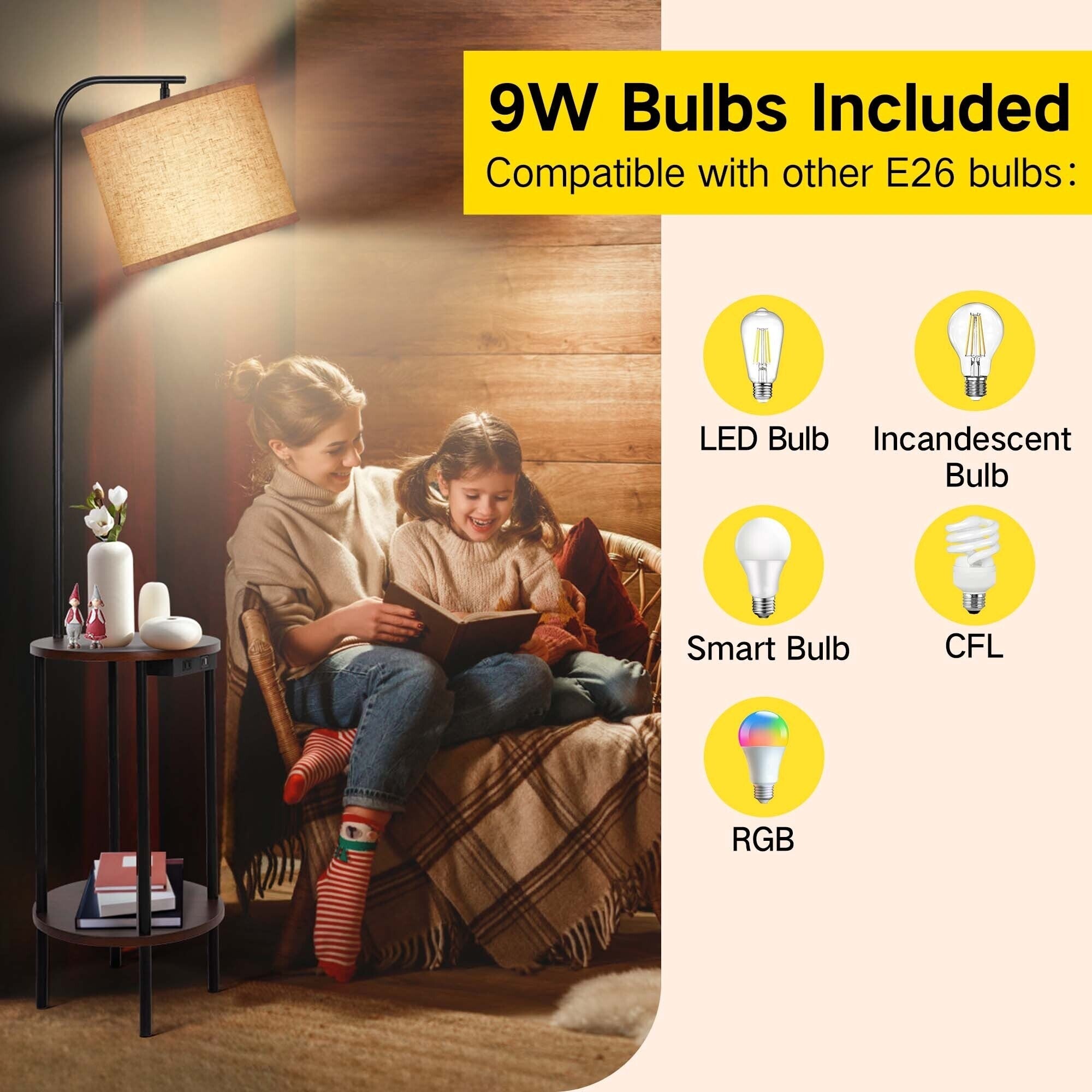 Lampe de table sur pied noire de 62 pouces avec port USB et prise