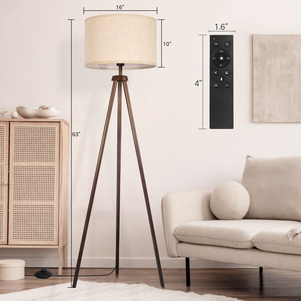 Lampadaire trépied en noyer noir de 63 po avec pieds en bois massif