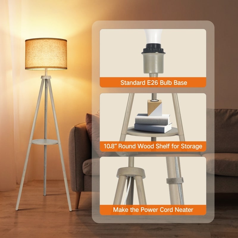 Lampadaire trépied en noyer de 63 po avec pieds et plateau en bois massif