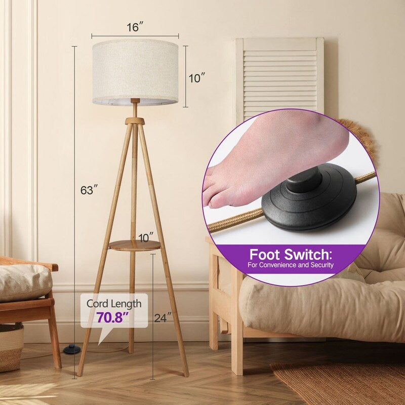 Lampadaire trépied en noyer de 63 po avec pieds et plateau en bois massif