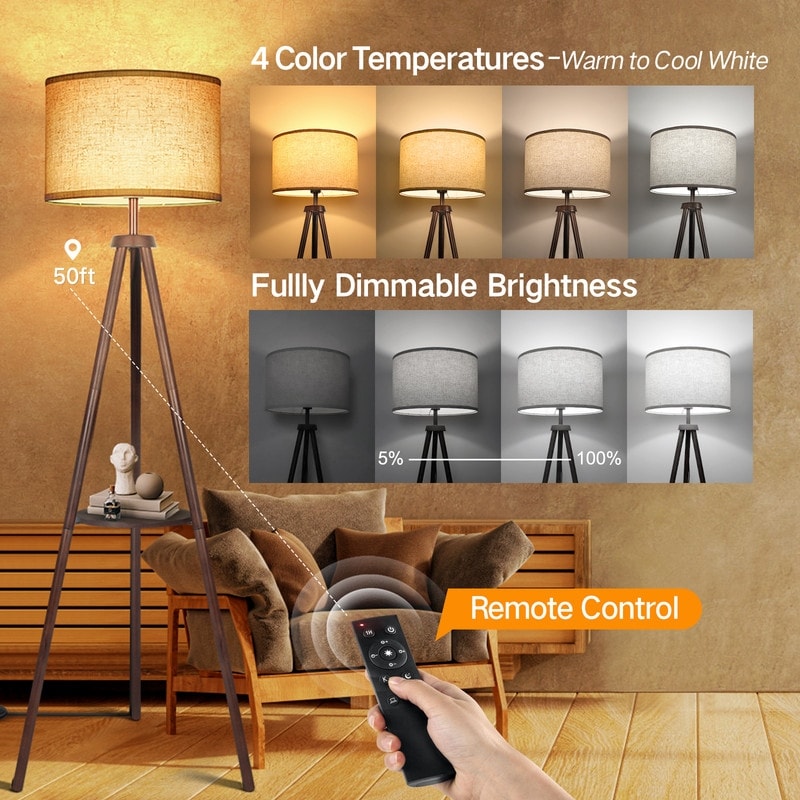 Lampadaire trépied en noyer de 63 po avec pieds et plateau en bois massif