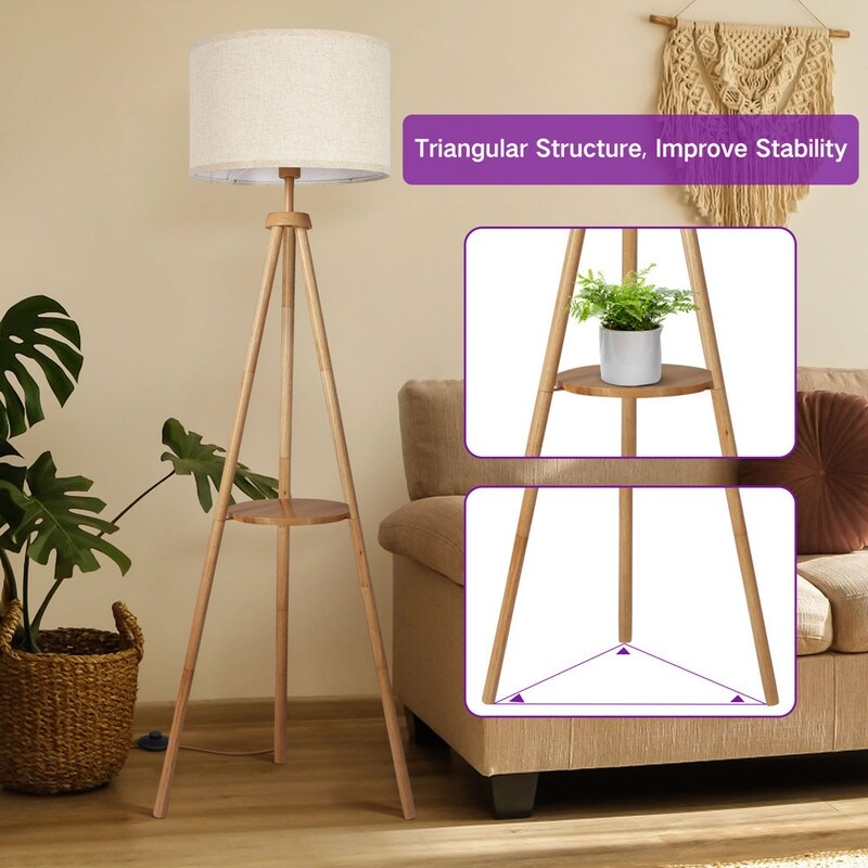 Lampadaire trépied en noyer de 63 po avec pieds et plateau en bois massif