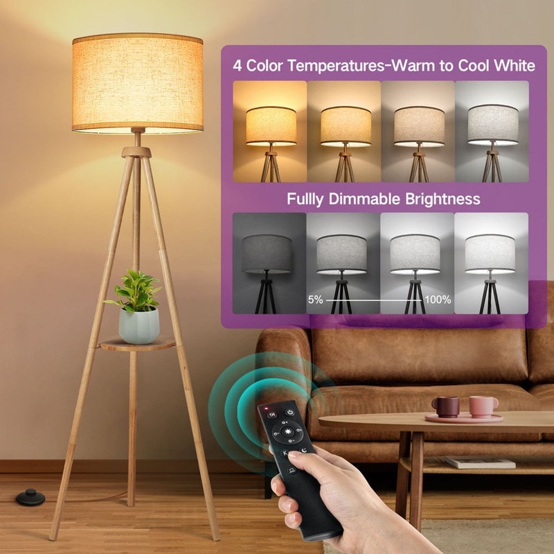 Lampadaire trépied en noyer de 63 po avec pieds et plateau en bois massif