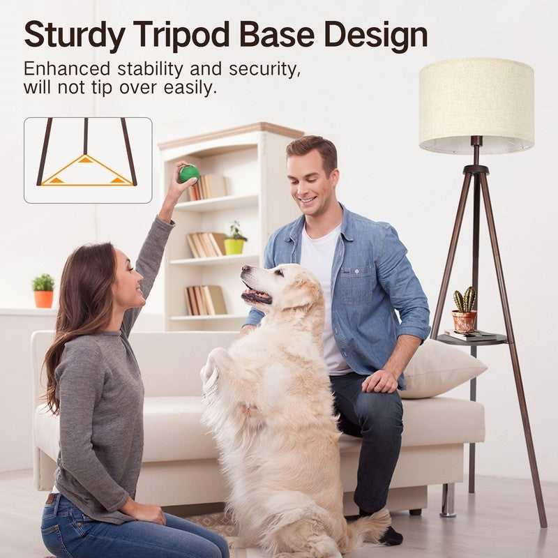Lampadaire trépied en noyer de 63 po avec pieds et plateau en bois massif