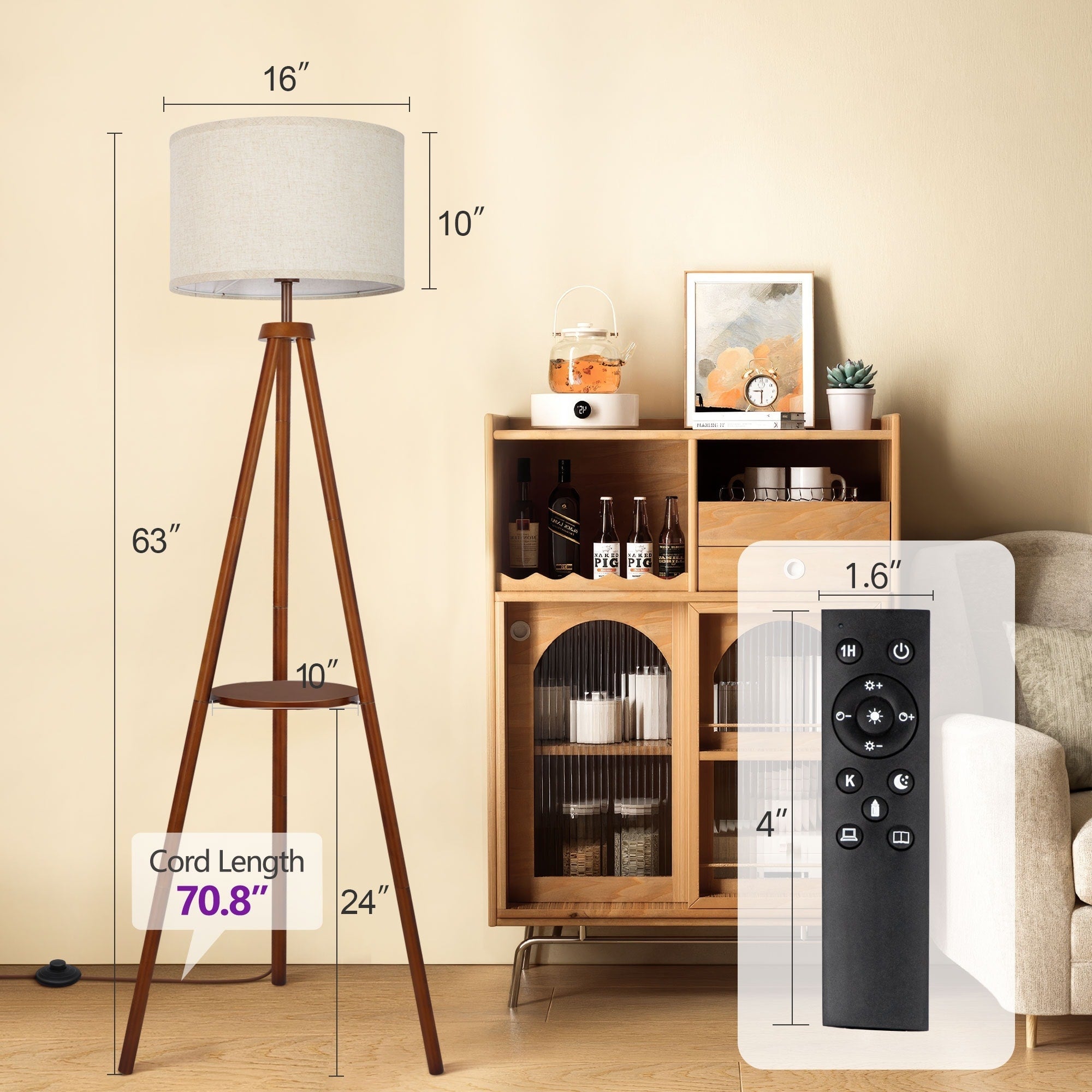 Lampadaire trépied en noyer de 63 po avec pieds et plateau en bois massif