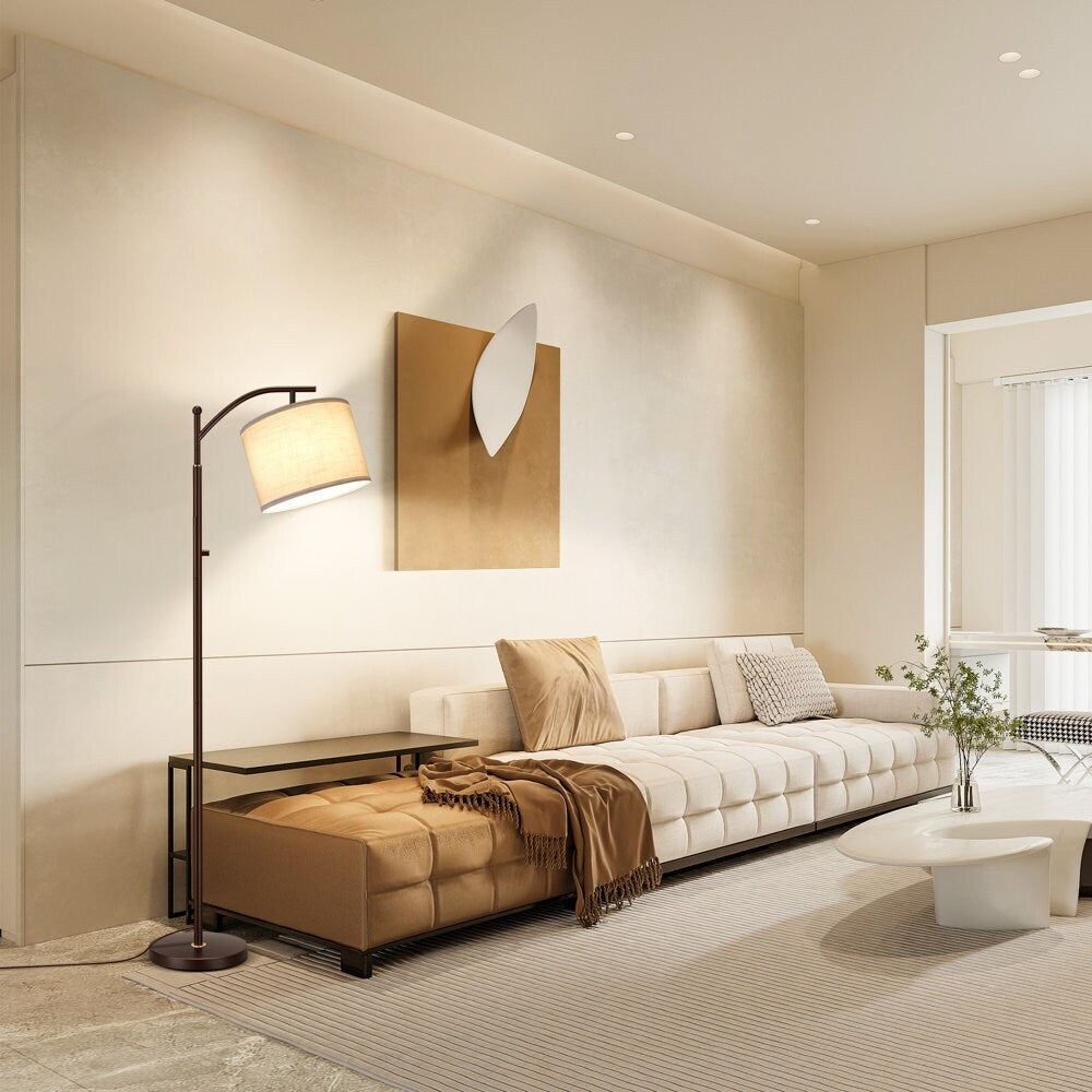 Lampadaire arqué 63 avec abat-jour en lin marron pour salon