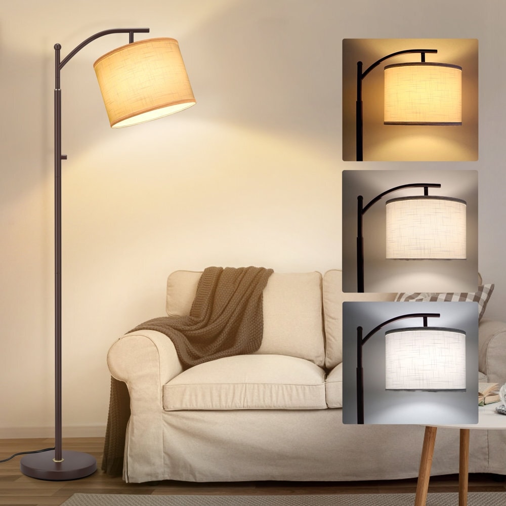 Lampadaire arqué 63 avec abat-jour en lin marron pour salon