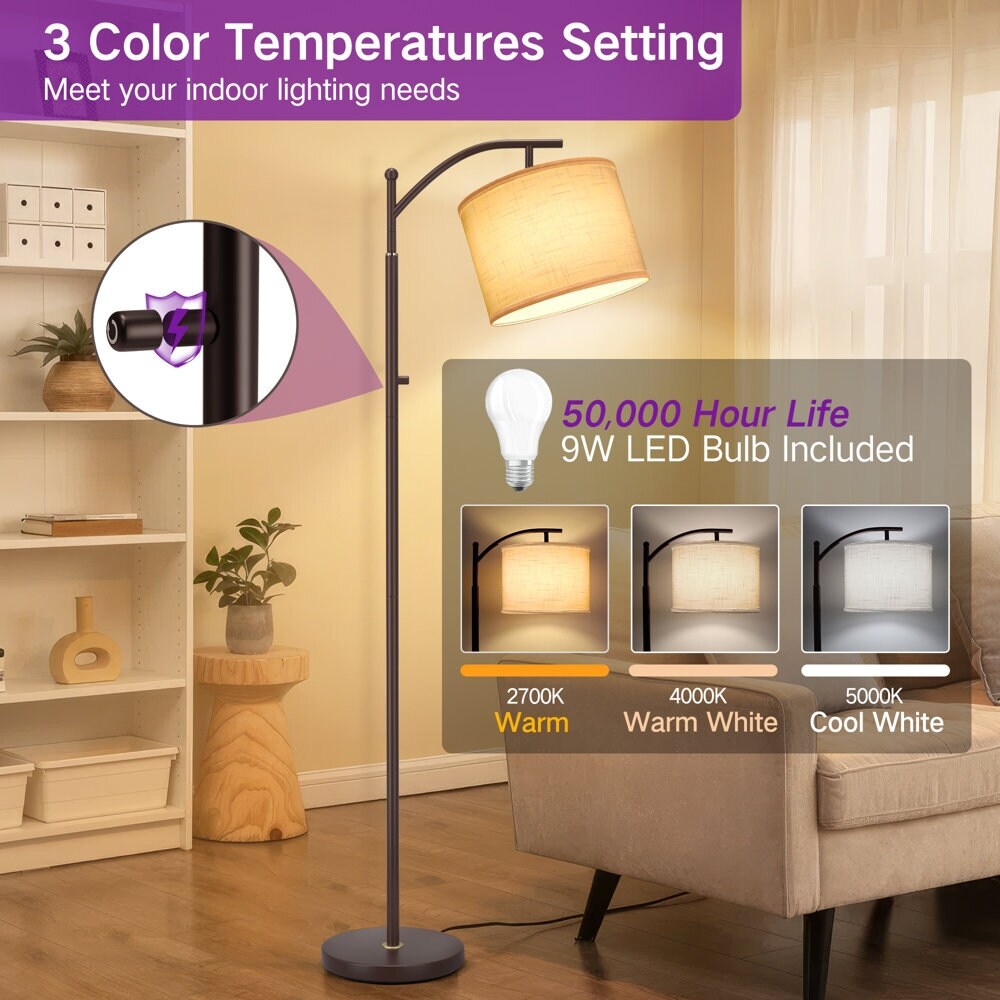 Lampadaire arqué 63 avec abat-jour en lin marron pour salon