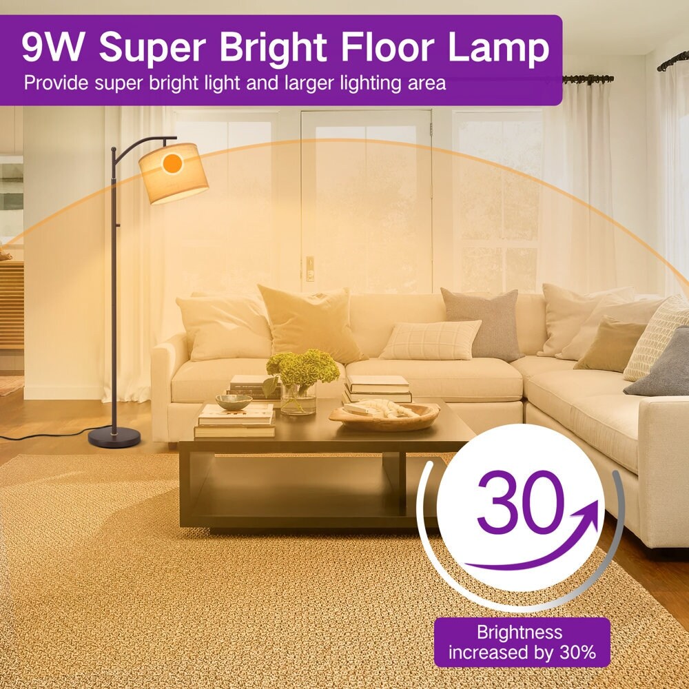 Lampadaire arqué 63 avec abat-jour en lin marron pour salon