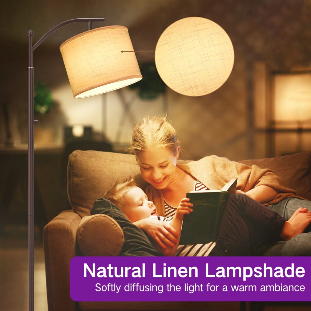 Lampadaire arqué 63 avec abat-jour en lin marron pour salon