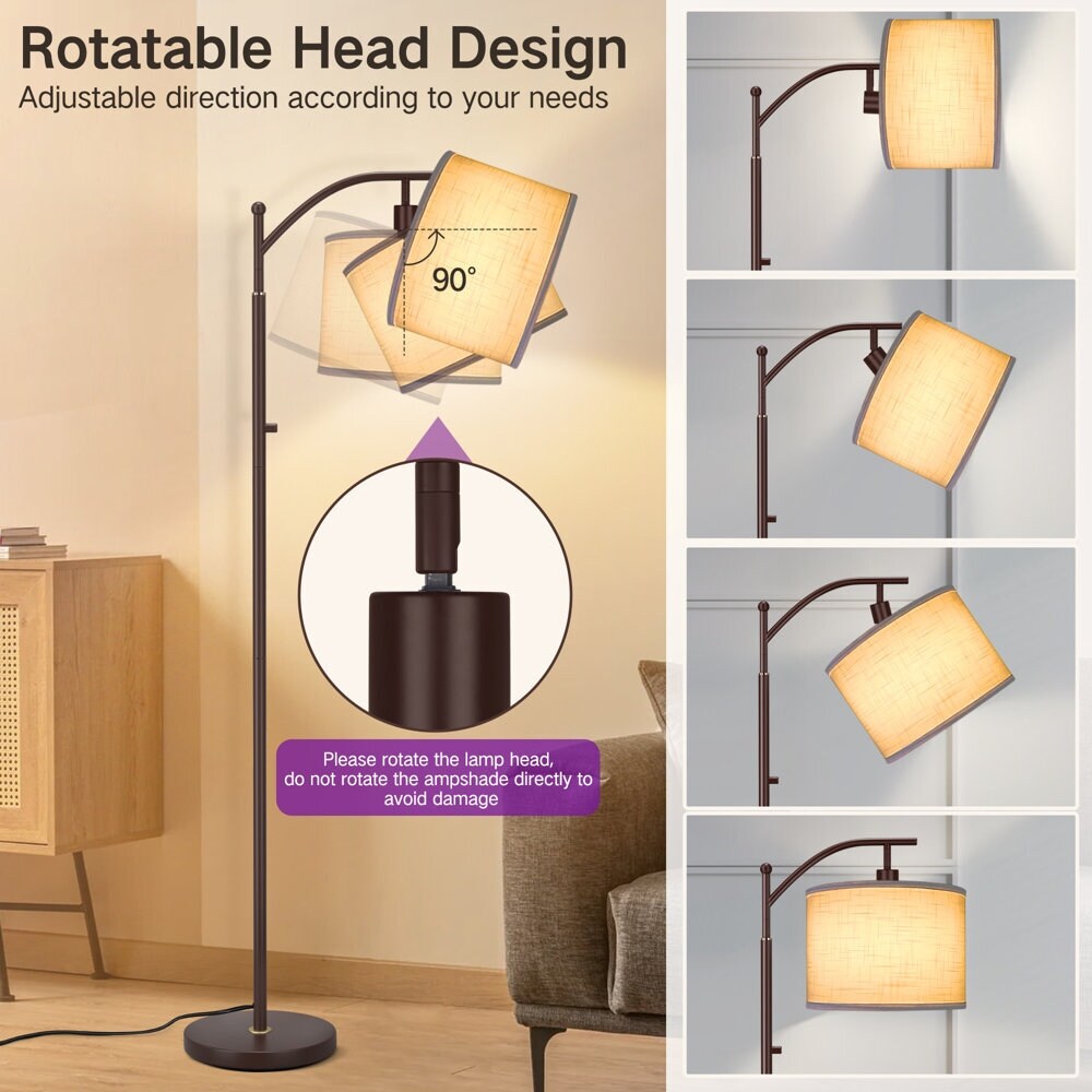 Lampadaire arqué 63 avec abat-jour en lin marron pour salon