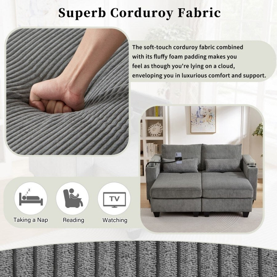 Canapé-lit convertible en velours côtelé de 63 pouces avec ports USB, deux porte-gobelets et un support pour téléphone pour le salon