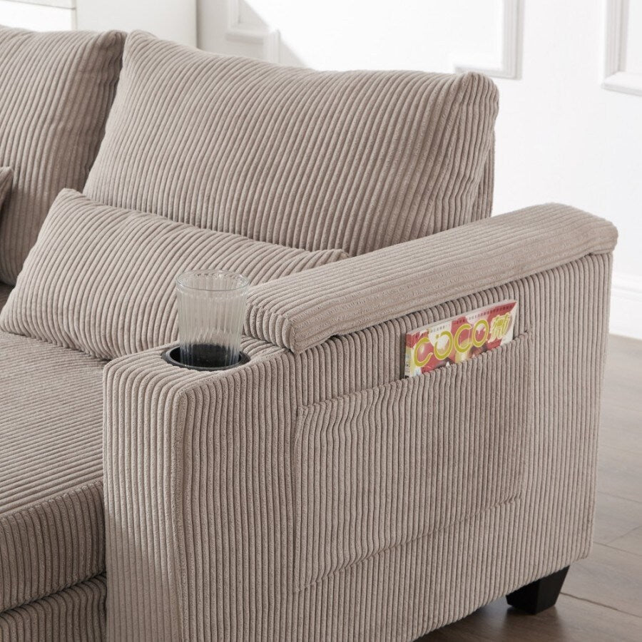 Canapé-lit convertible en velours côtelé de 63 pouces avec ports USB, deux porte-gobelets et un support pour téléphone pour le salon