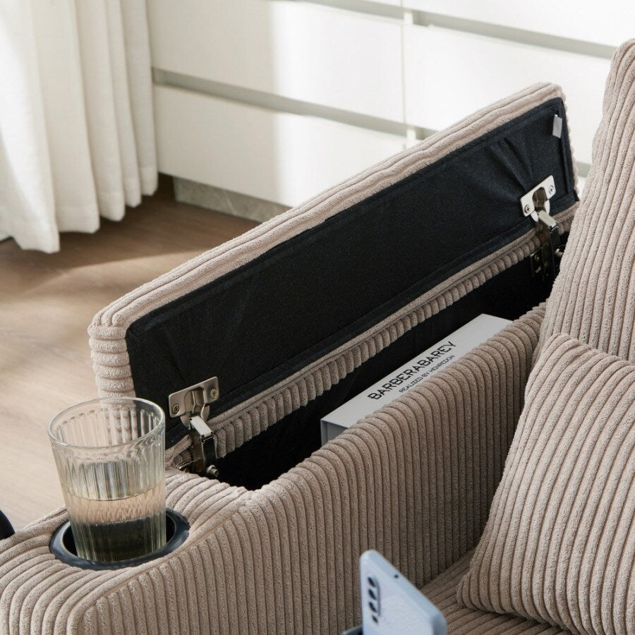 Canapé-lit convertible en velours côtelé de 63 pouces avec ports USB, deux porte-gobelets et un support pour téléphone pour le salon